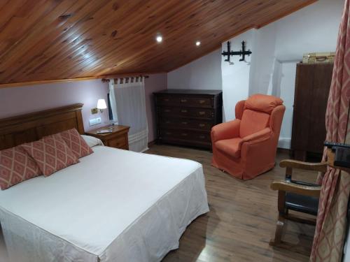 een slaapkamer met een bed en een stoel bij Alojamiento Rural Huerto del Francés Dormitorios y baños disponibles según nº de huéspedes in Pegalajar