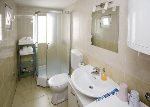 a bathroom with a sink and a toilet and a shower at Apartment Old Town - Bambo in Knin