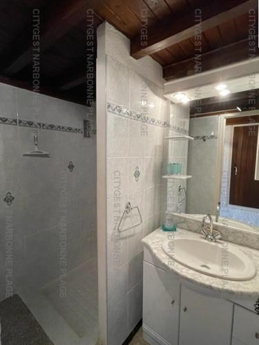 une salle de bain blanche avec un lavabo et une douche dans l'établissement Maison avec jardin sur SAINT PIERRE LA MER 6STP73, à Saint Pierre La Mer