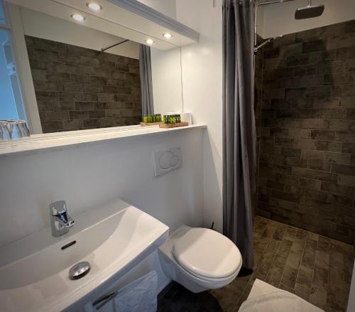 een badkamer met een wastafel, een toilet en een spiegel bij Sallingsund Færgekro in Nykøbing Mors