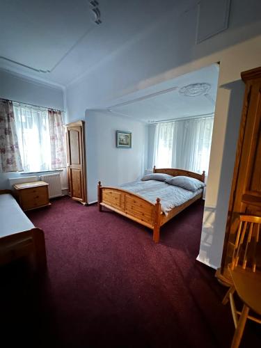 a bedroom with a bed and two windows at Hotel Krasnoludki in Sosnówka