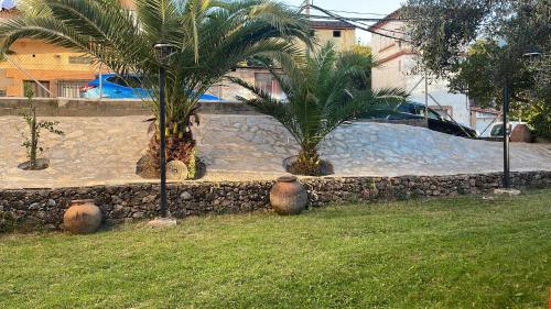 ハランディージャ・デ・ラ・ベラにあるCasa San Miguel AT-CC-360の椰子の木と石壁のプール