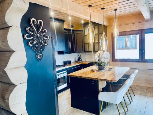 a kitchen with a counter and a blue refrigerator at Villa Alexandra in Kościelisko