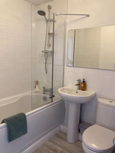 a bathroom with a sink and a toilet and a shower at Modern home for those on business or on holiday in Newport