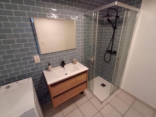 a bathroom with a sink and a shower with a mirror at Le balcon de Jersey - face à la mer in Saint-Jean-de-la-Rivière