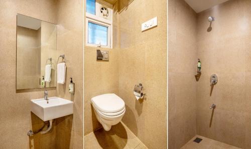 two pictures of a bathroom with a toilet and a sink at Treebo Acsys, Gachibowli in Hyderabad