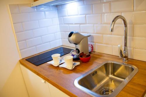 a kitchen counter with a sink and a mixer at AV Smart Apartment in Pančevo