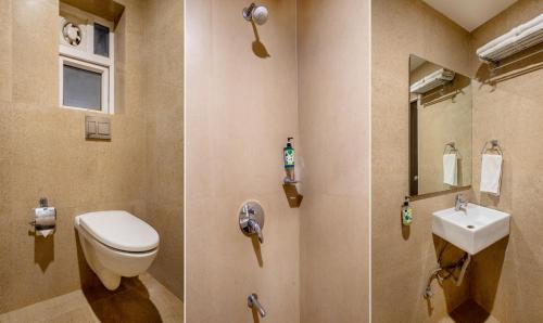 two pictures of a bathroom with a toilet and a sink at Treebo Acsys, Gachibowli in Hyderabad