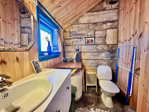 uma casa de banho com um lavatório e um WC em Kleivan Cabin Lofoten em Kvalnes