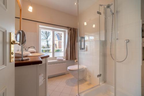 a bathroom with a shower and a toilet and a sink at Holsteinhof in Nieblum