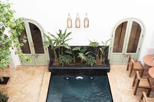 a room with a pond in the middle of a room with plants at Riad Al Uzza in Marrakesh