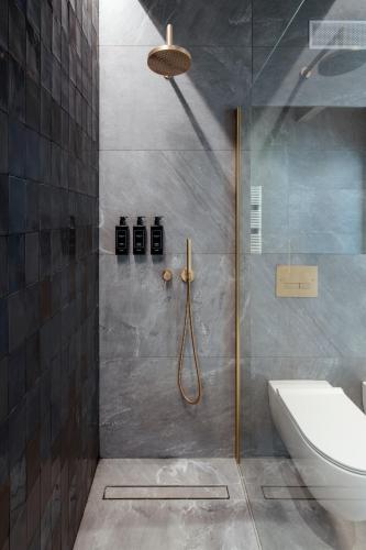 a bathroom with a shower with a toilet at VINEHO in Barolo