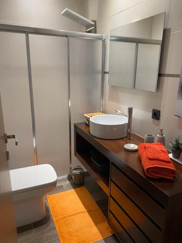 une salle de bain avec un lavabo, une douche et des toilettes dans l'établissement Les rives du lac, à Montauroux