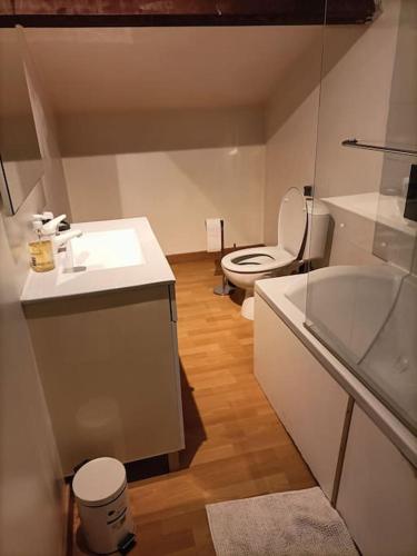 uma casa de banho com um WC, um lavatório e uma banheira em Le 7 em Servian