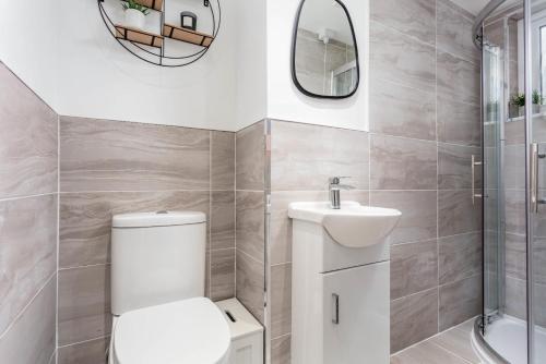 a bathroom with a toilet and a sink and a mirror at 46 Bathurst Drive in Ayr