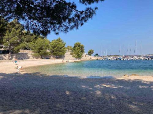 una playa con gente y un perro en el agua en Apartment Pakostane 7 en Drage