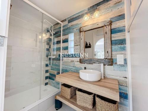 une salle de bain avec un lavabo, un miroir et une douche dans l'établissement MAIS3266- Canétoise à 100 m de la plage, à Canet