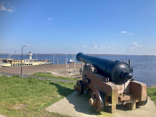 a cannon on display in front of a body of water at De Druif 6 pers holiday home close to the National Park Lauwersmeer in Anjum