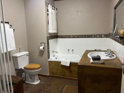 a bathroom with a tub and a toilet and a sink at Moolmanshoek Private Game Reserve in Fouriesburg
