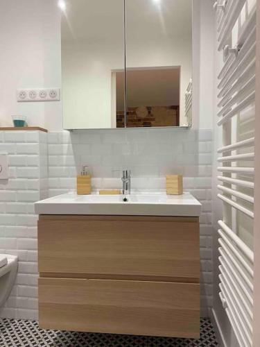 une salle de bain avec un lavabo et un miroir dans l'établissement Appartement de charme en plein cœur de Paris, à Paris