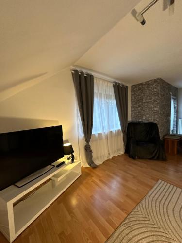 a living room with a large flat screen tv at Ferienwohnung Forest in Nonnweiler