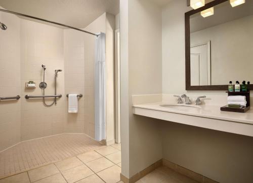 a bathroom with a sink and a shower with a mirror at Caribe Royale Orlando in Orlando