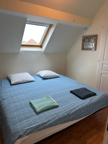 ein Schlafzimmer mit einem Bett mit blauen Laken und einem Fenster in der Unterkunft Appartement 3 Chambres Centre ville in Lacanau