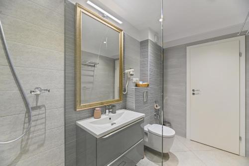 a bathroom with a sink and a toilet and a mirror at ARA Apart Hotel #4 in Braşov