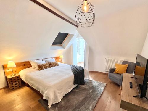 um quarto com uma cama, um sofá e uma televisão em Villa Mosan Bord de Meuse - Mes Caprices B&B em Namur