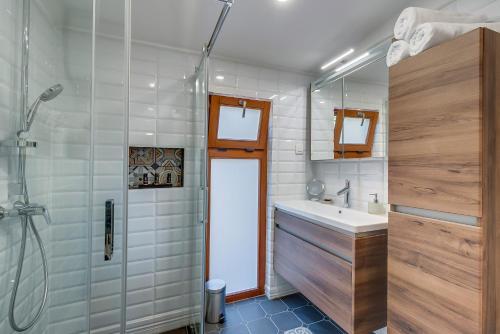 een badkamer met een wastafel en een douche bij Villa Lavanda - Kandija in Čunski