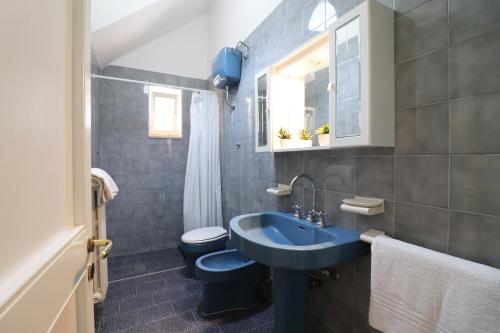 bagno con lavandino blu e servizi igienici di Villa on the Alimini Lakes a stones throw from the sea a Otranto