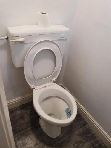 a bathroom with a toilet with a roll of toilet paper on it at Double Bedroom 96GLC Greater Manchester in Middleton