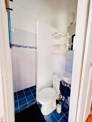 une salle de bain avec toilettes et lavabo dans l'établissement Appartement avec terrasse arborée proche LOURMARIN, à Cadenet