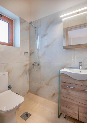 a bathroom with a shower and a toilet and a sink at Maroulas Natura Palace in Giannoudi