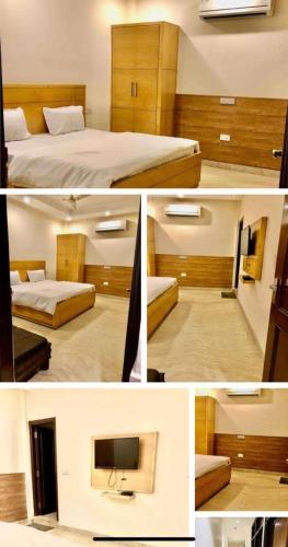 a collage of pictures of a bedroom with a bed and a tv at Comfortable stay in New Delhi