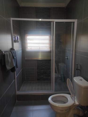 a bathroom with a toilet and a shower with a glass door at Brand new crane Apartments in Lenasia