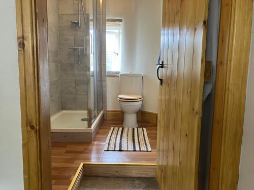 a bathroom with a toilet and a glass shower at The Wharfe at Greystones - Cosy, comfortable retreat in Buckden