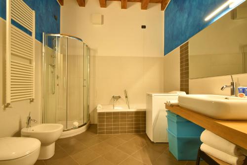 uma casa de banho com um lavatório, um WC e um chuveiro em Welc-ōM Casa a colori nel borgo em Monselice
