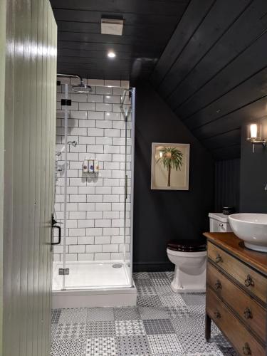 a bathroom with a shower and a toilet and a sink at Two Cotswolds Cottages with Heated Pool in Tewkesbury