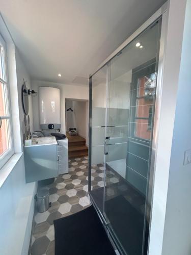 a bathroom with a glass shower and a sink at Le Rive Droite proche gare parking facile in Montauban