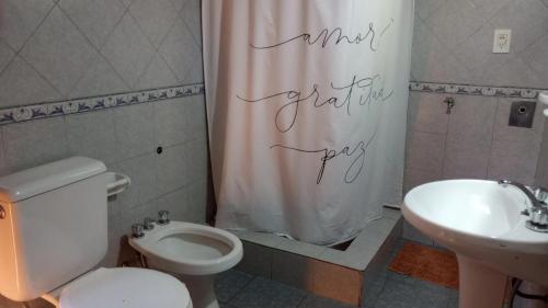 a bathroom with a toilet and a sink and a shower curtain at Cabaña Emilio (El Hoyo) in El Hoyo