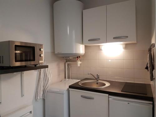 une petite cuisine avec un évier et un micro-ondes dans l'établissement Studio meublé équipé paisible, à Chambray-lès-Tours