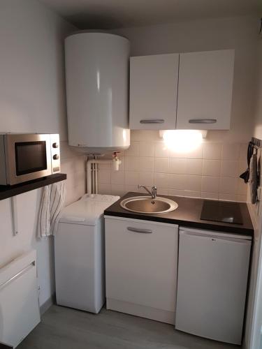 eine kleine Küche mit einer Spüle und einer Mikrowelle in der Unterkunft Studio meublé équipé paisible in Chambray-lès-Tours