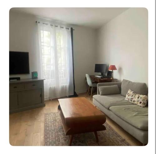 un salon avec un canapé et une télévision dans l'établissement Appartement cosy à Paris, à Paris