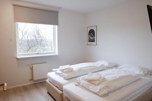 2 camas en una habitación con ventana en Eiðar - Apartments, en Eiðar