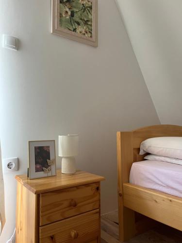 a bedroom with a bed and a lamp on a dresser at Bloossom house in Bajina Bašta