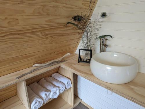 uma casa de banho com um lavatório e um balcão com toalhas em Precioso refugio en Villa Castillo Servicio Outscape em Villa Cerro Castillo