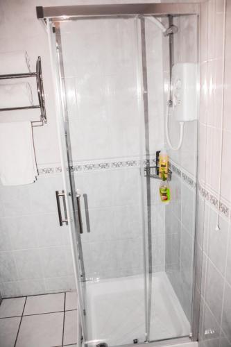 a shower with a glass door in a bathroom at The Coach Inn in Strabane