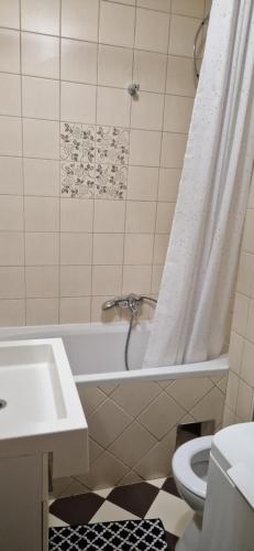 uma casa de banho com uma banheira, um lavatório e um WC. em CENTRUM with private parking em Virovitica
