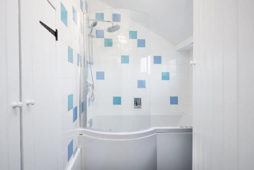 a bathroom with a shower with blue and white tiles at Windyrig in Cockburnspath